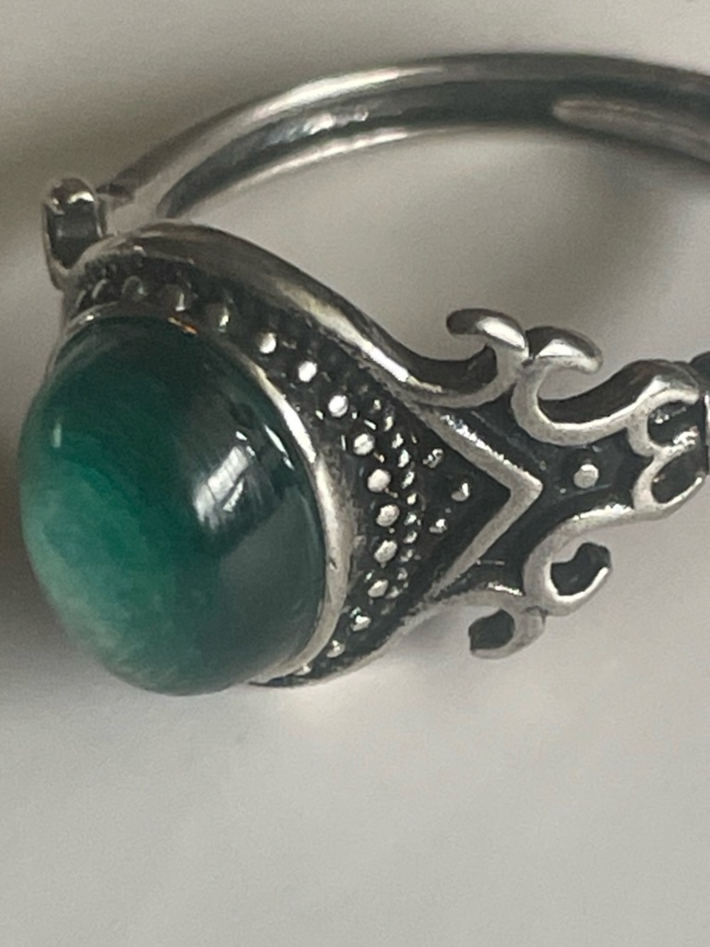 Sterling-Style Green Gemstone Filigree Ring Size 6 or Adjustable.